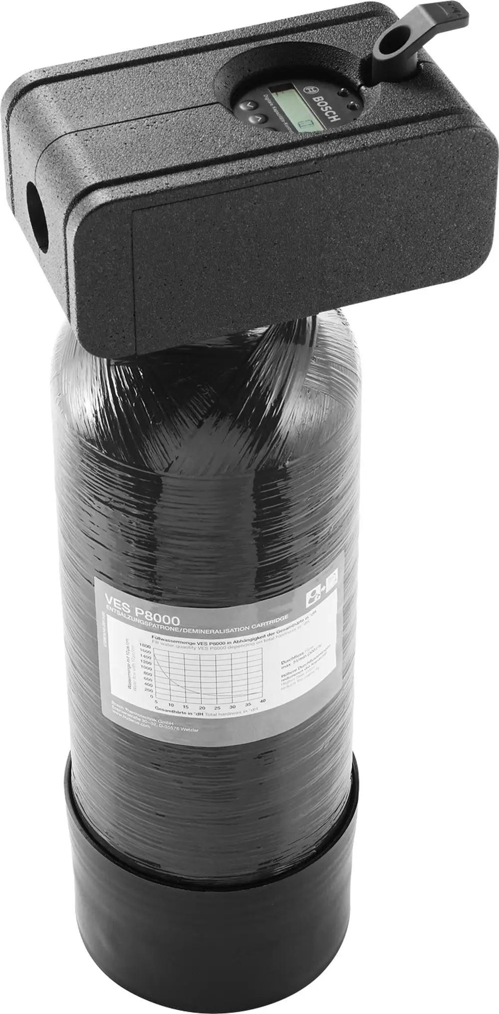 Wasseraufbereitungssystem mit schwarze Kartusche und digitalem Bildschirm von Bosch, geeignet zur Demineralisierung und Befüllung von Anlagen.